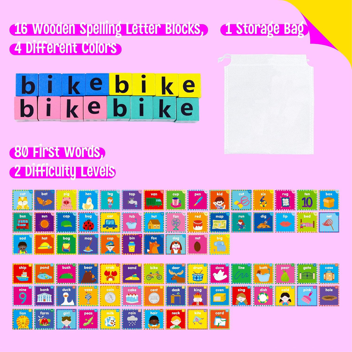 Word Spelling Game, 80 First Words Wooden Alphabet Puzzle Blocks