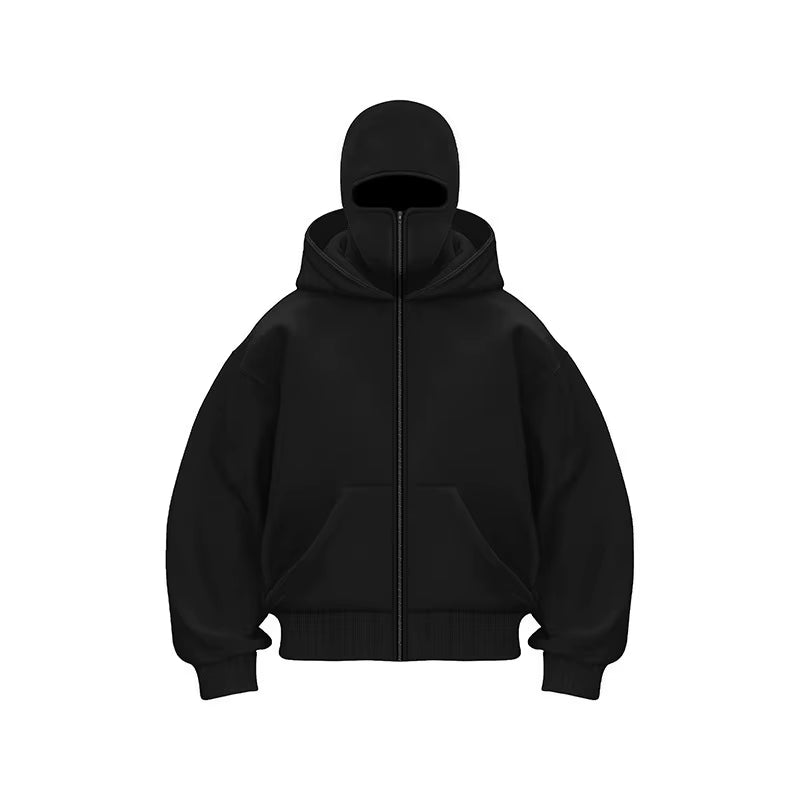 Men'S Double Hat Mask Zipper Winter Windproof Hoodie Jacket