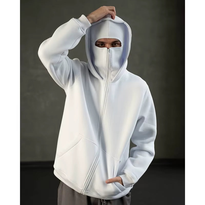 Men'S Double Hat Mask Zipper Winter Windproof Hoodie Jacket