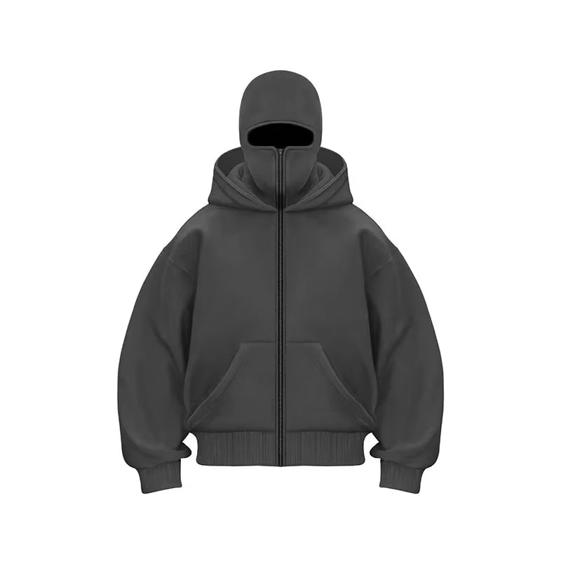 Men'S Double Hat Mask Zipper Winter Windproof Hoodie Jacket