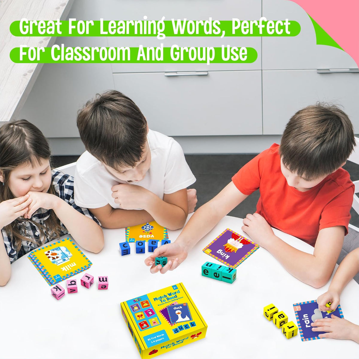Word Spelling Game, 80 First Words Wooden Alphabet Puzzle Blocks