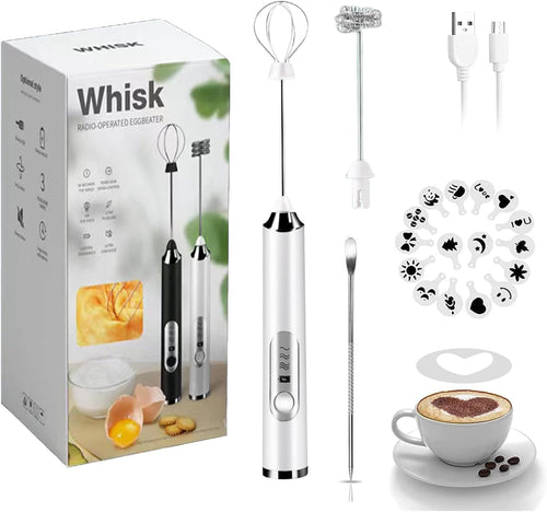 Rechargeable Milk Frother - Electric Handheld Coffee Mixer with 2 Whisks