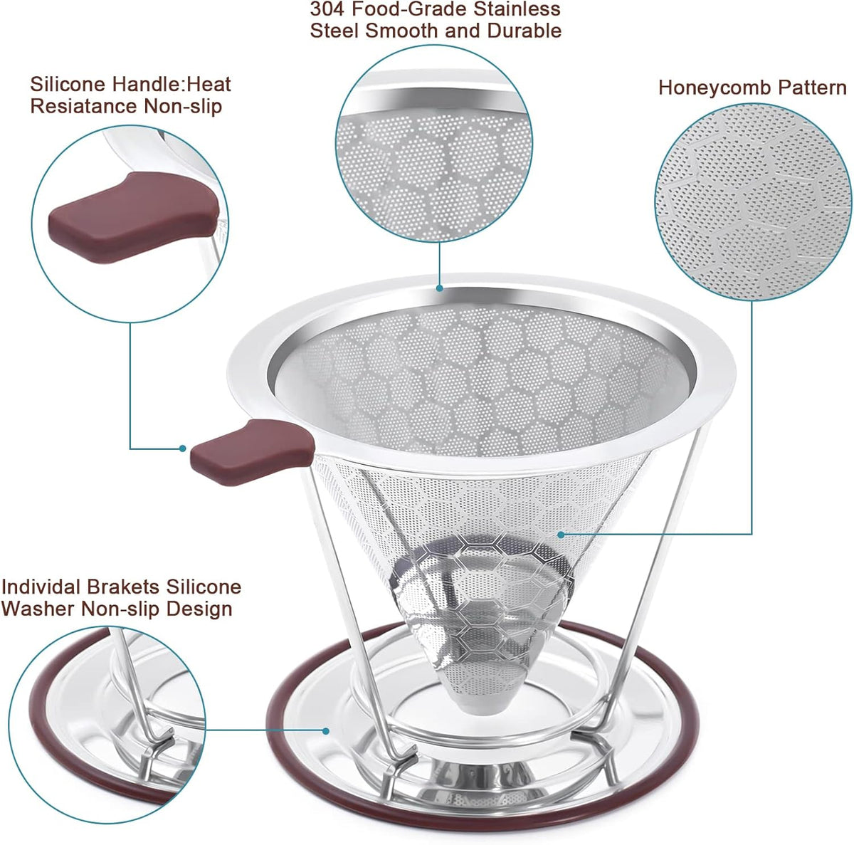 Stainless Steel Pour-Over Coffee Dripper with Reusable Filter
