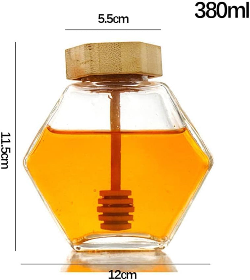 Clear Glass Hexagon Honey Pot Jar with Wooden Dipper and Lid