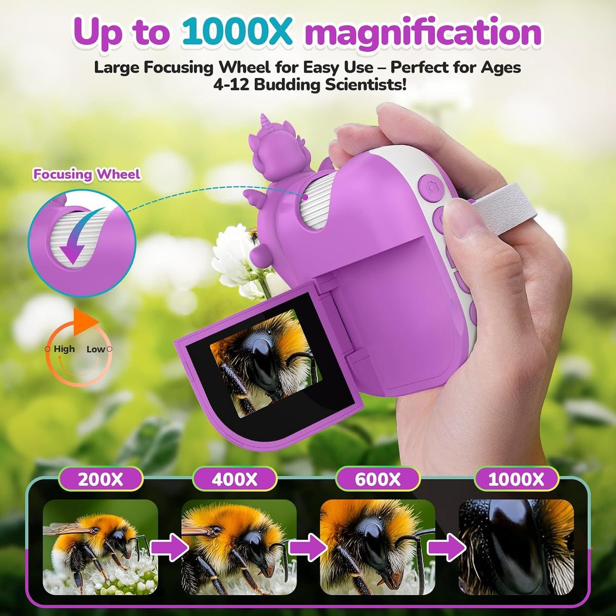 Digital Microscope for Kids Handheld Miniscope 1000X Rechargeable