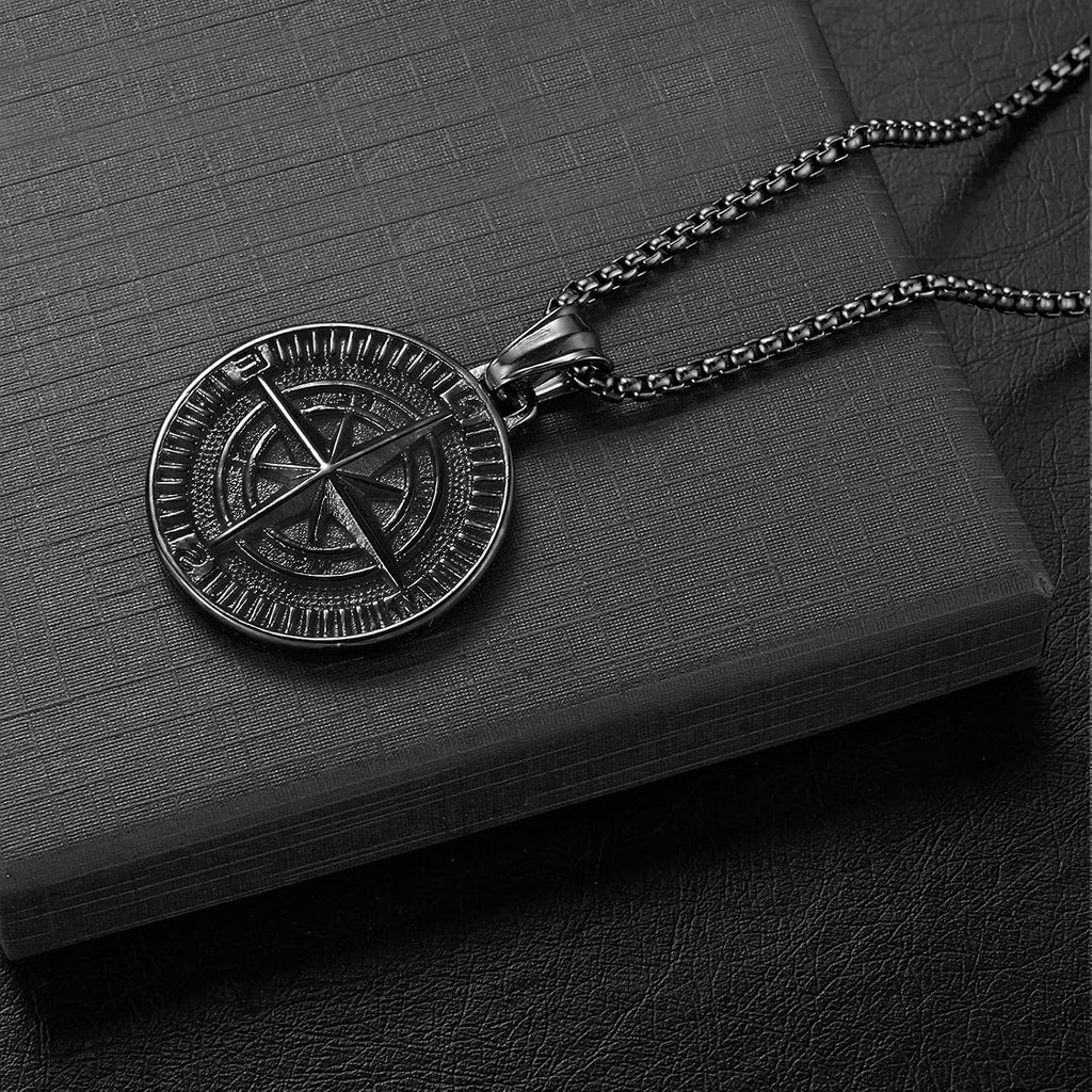Men'S Compass Pendant Necklace - Stainless Steel Vintage Coin Navigator