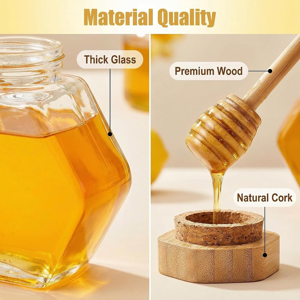 Clear Glass Hexagon Honey Pot Jar with Wooden Dipper and Lid