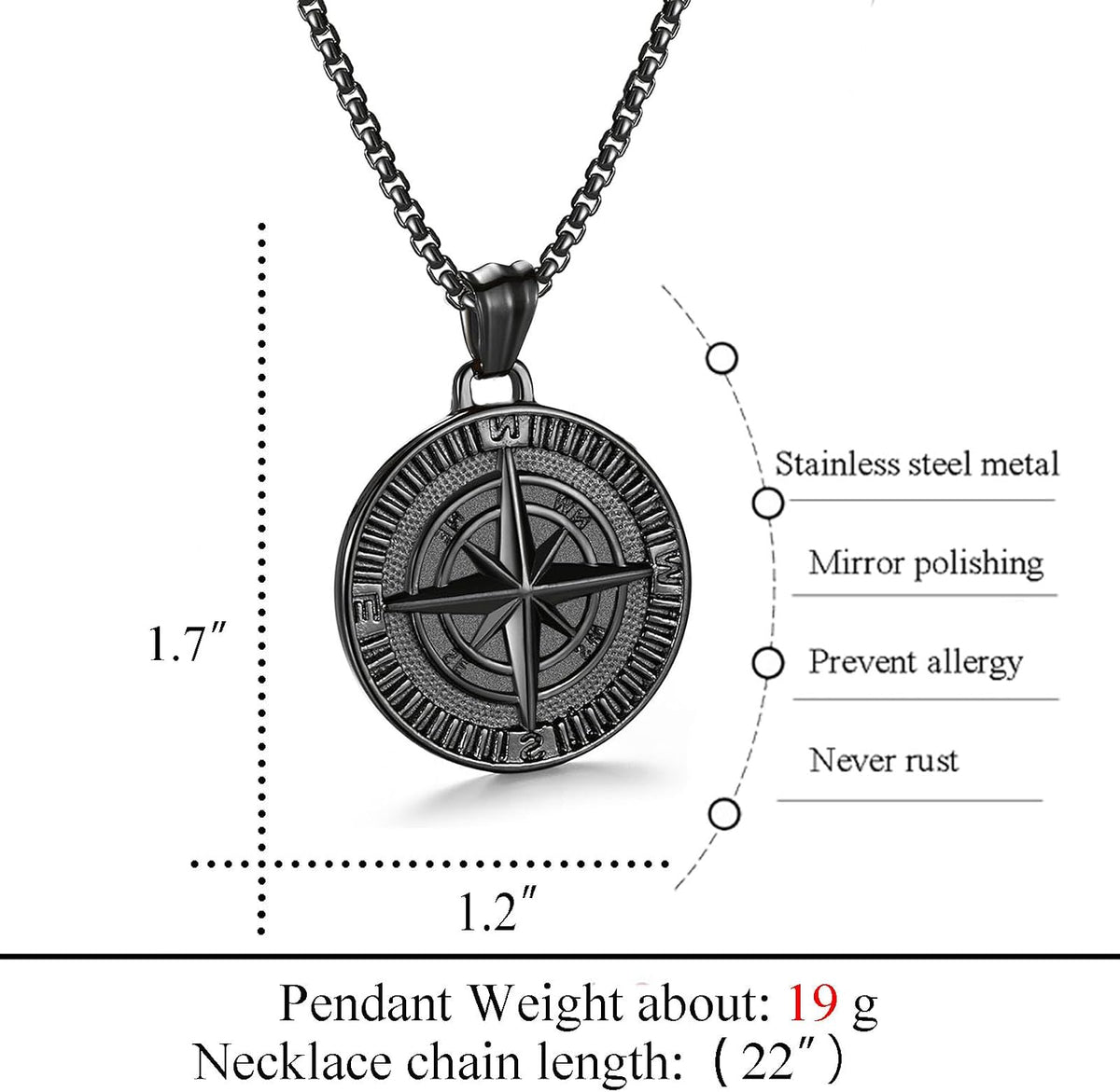 Men'S Compass Pendant Necklace - Stainless Steel Vintage Coin Navigator