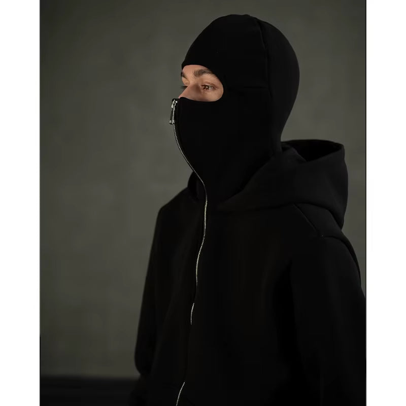 Men'S Double Hat Mask Zipper Winter Windproof Hoodie Jacket