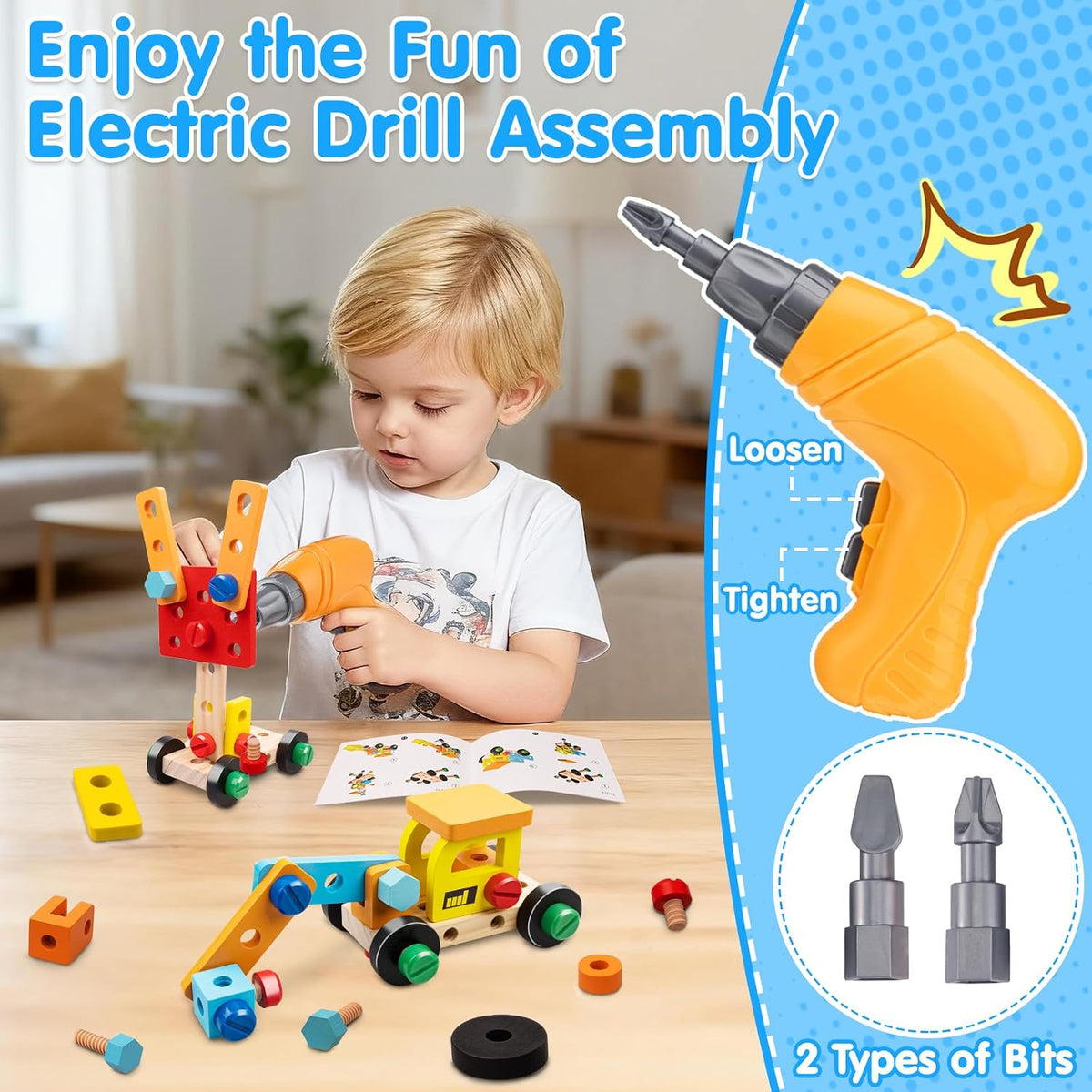 59Pcs Kids Tool Set with Electric Drill, Montessori Wooden STEM Kit