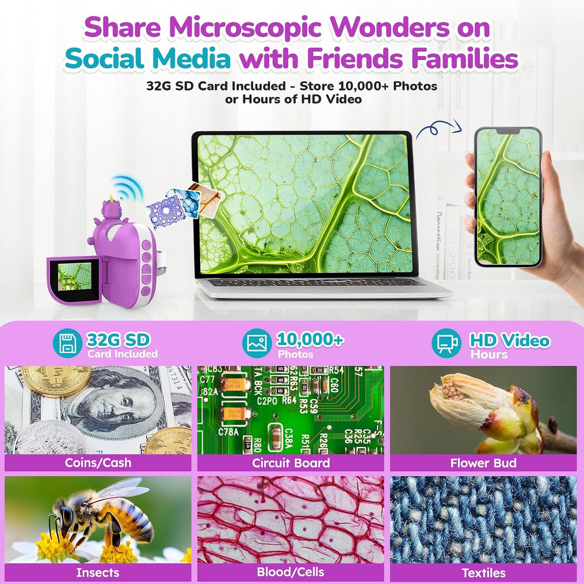 Digital Microscope for Kids Handheld Miniscope 1000X Rechargeable