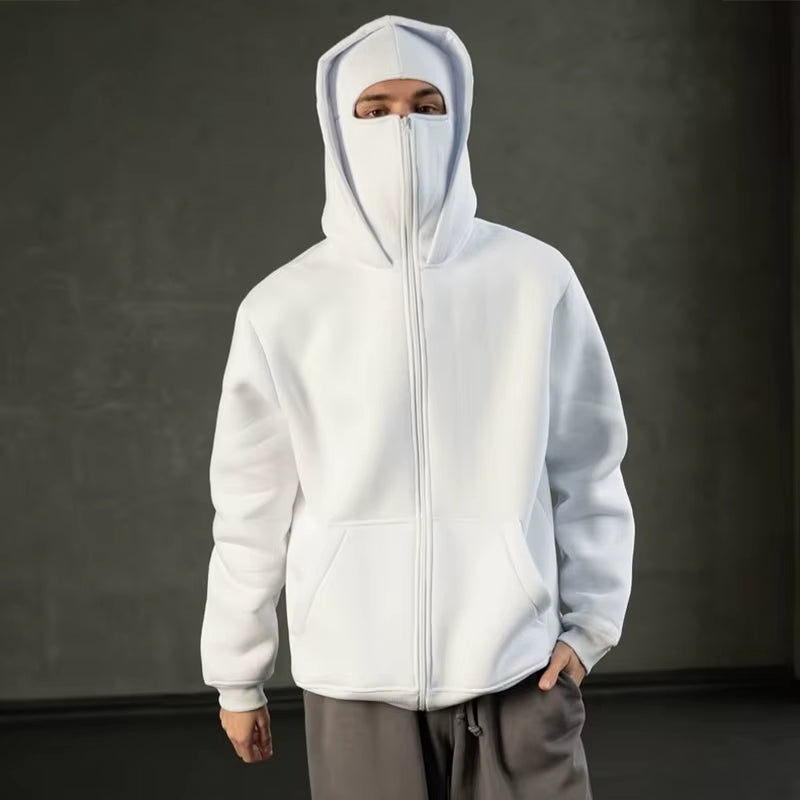 Men'S Double Hat Mask Zipper Winter Windproof Hoodie Jacket