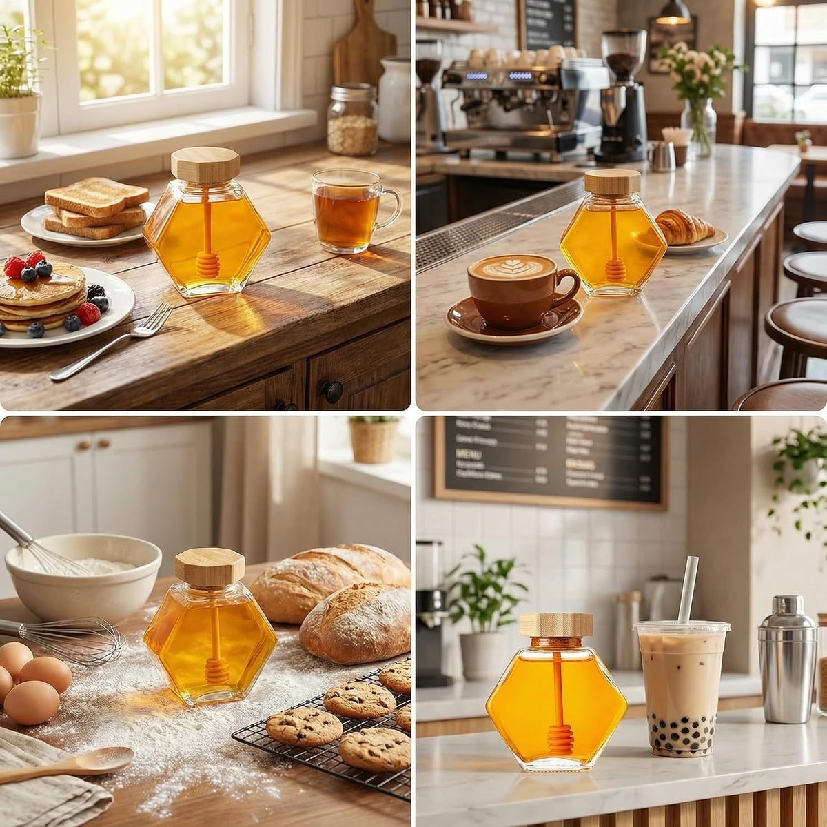 Clear Glass Hexagon Honey Pot Jar with Wooden Dipper and Lid
