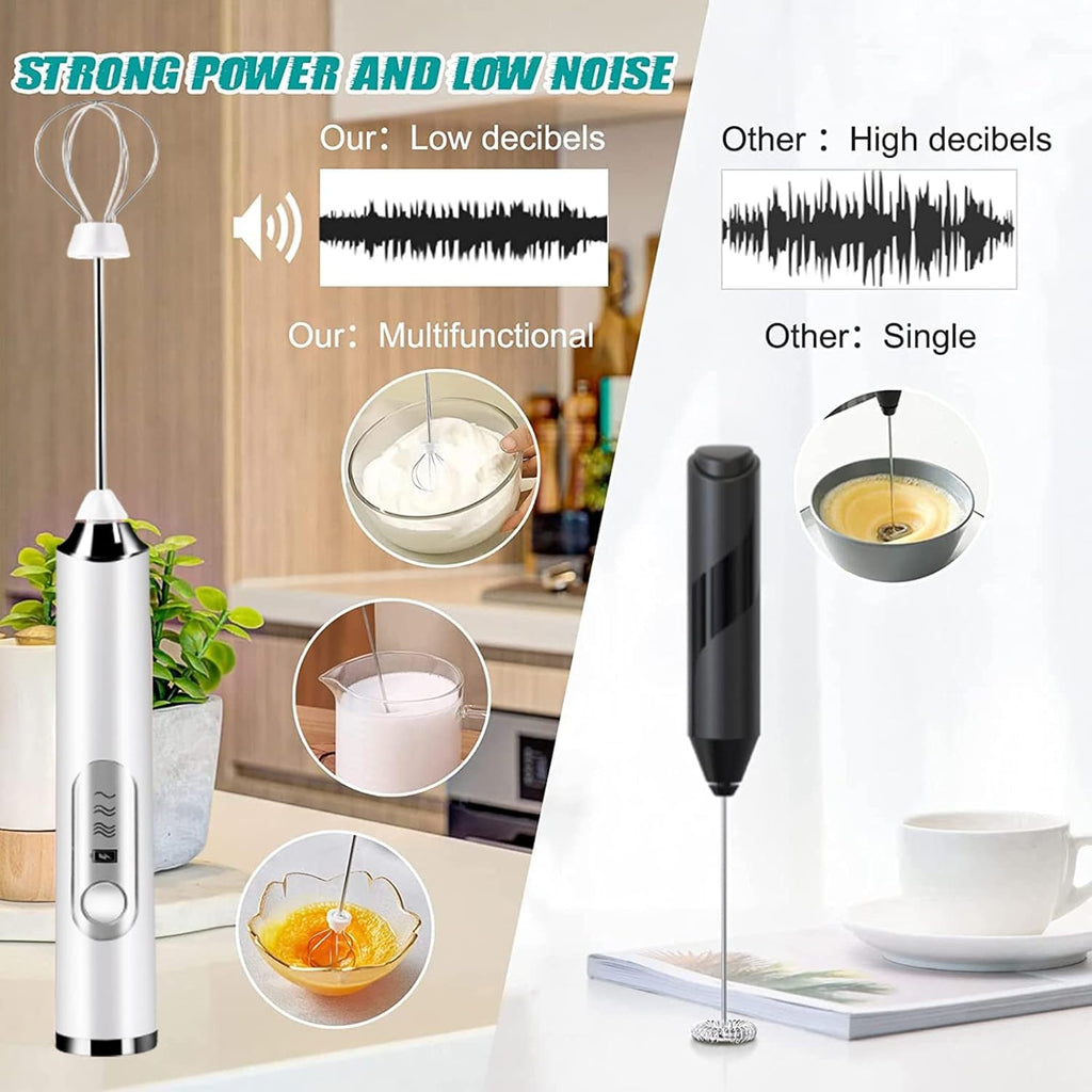 Rechargeable Milk Frother - Electric Handheld Coffee Mixer with 2 Whisks