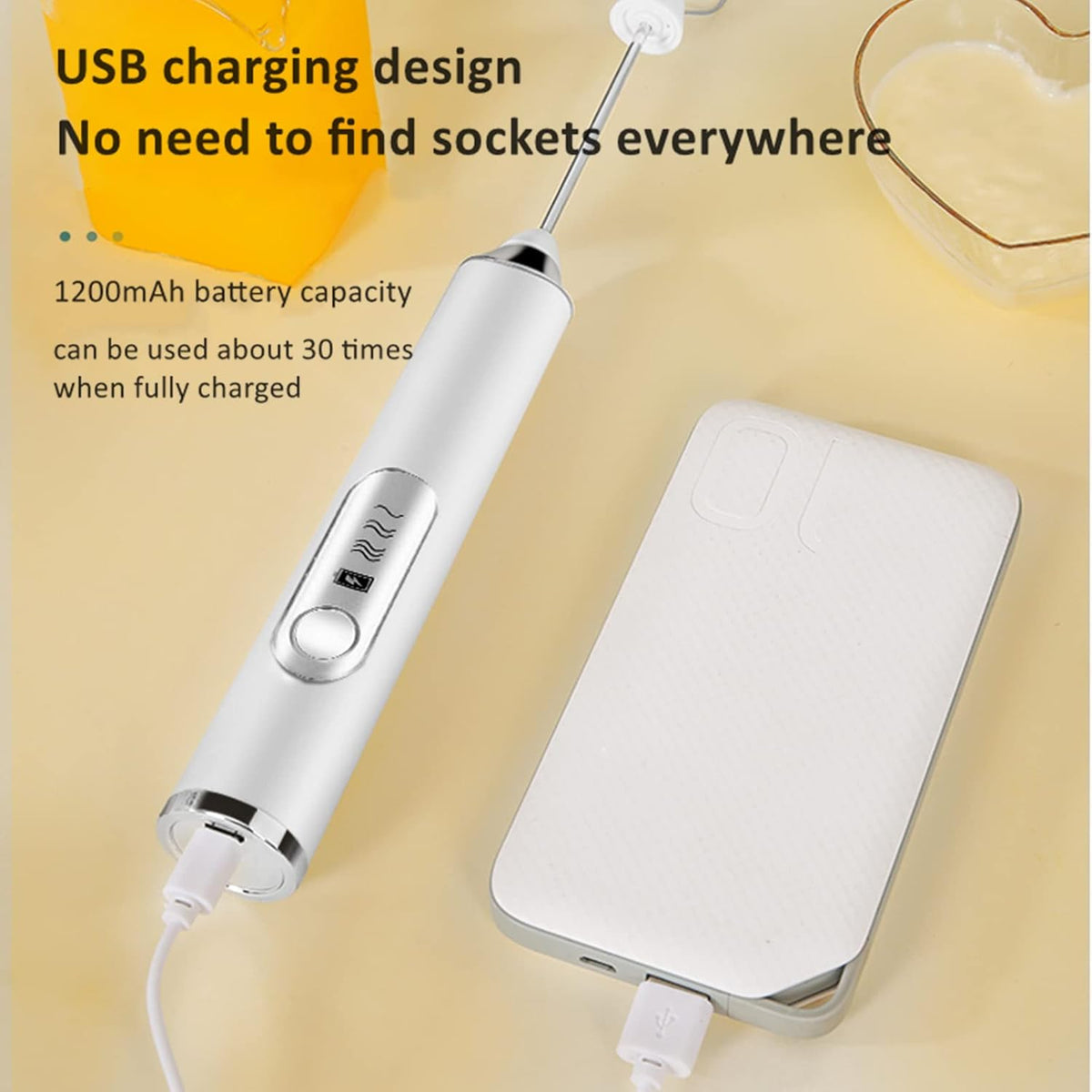 Rechargeable Milk Frother - Electric Handheld Coffee Mixer with 2 Whisks