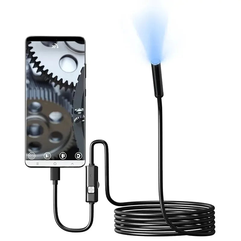 Waterproof USB-C inspection camera with flexible cable and LED ring light