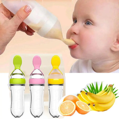 Silicone baby feeding bottle with built-in spoon tip
