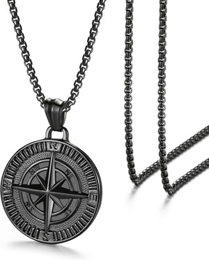 Men'S Compass Pendant Necklace - Stainless Steel Vintage Coin Navigator