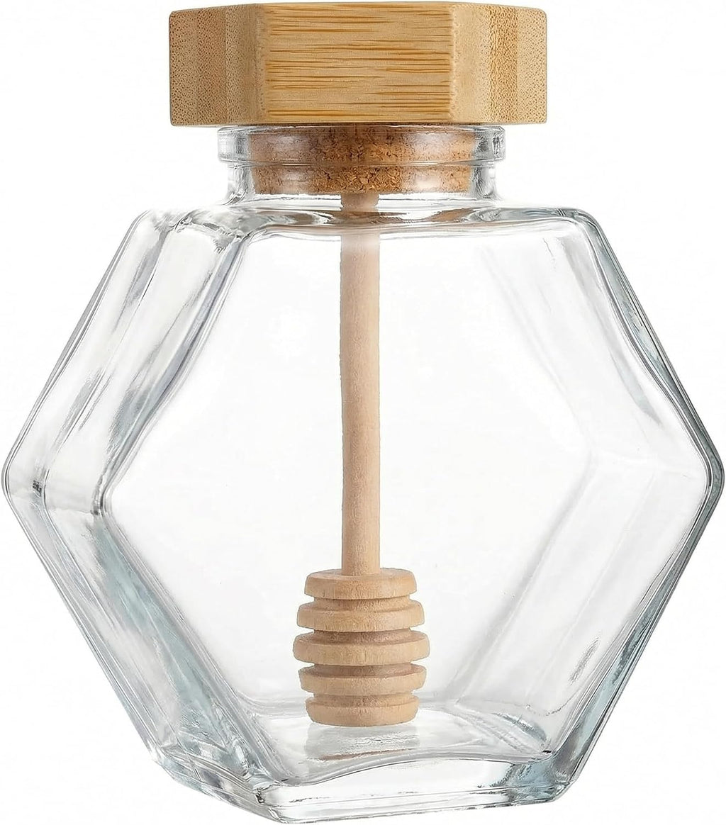 Clear Glass Hexagon Honey Pot Jar with Wooden Dipper and Lid