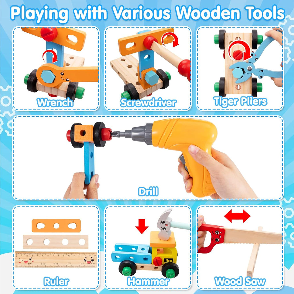 59Pcs Kids Tool Set with Electric Drill, Montessori Wooden STEM Kit