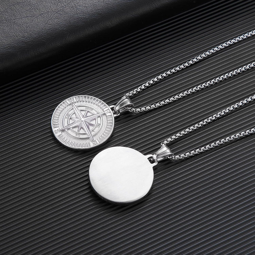 Men'S Compass Pendant Necklace - Stainless Steel Vintage Coin Navigator