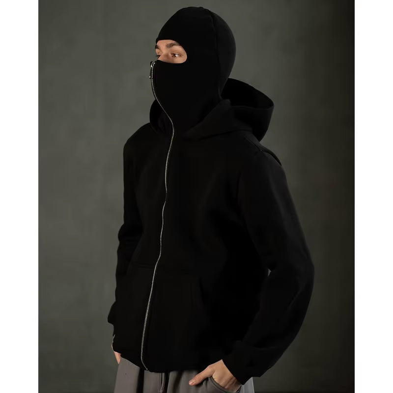 Men'S Double Hat Mask Zipper Winter Windproof Hoodie Jacket