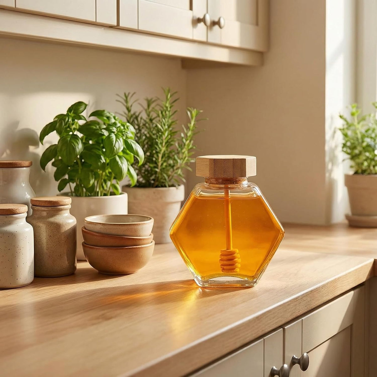 Clear Glass Hexagon Honey Pot Jar with Wooden Dipper and Lid
