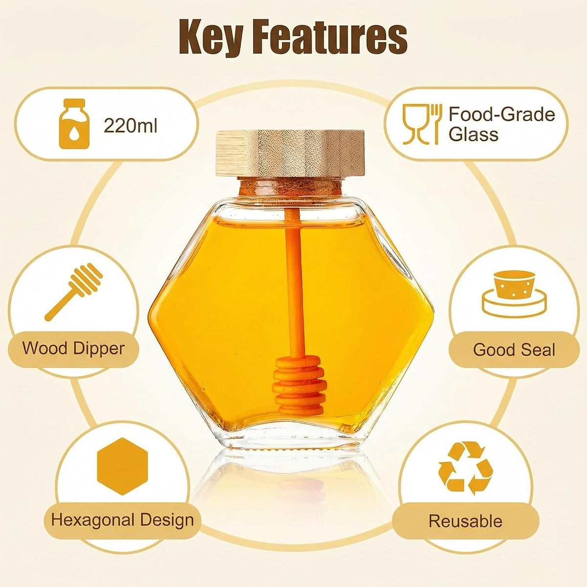 Clear Glass Hexagon Honey Pot Jar with Wooden Dipper and Lid