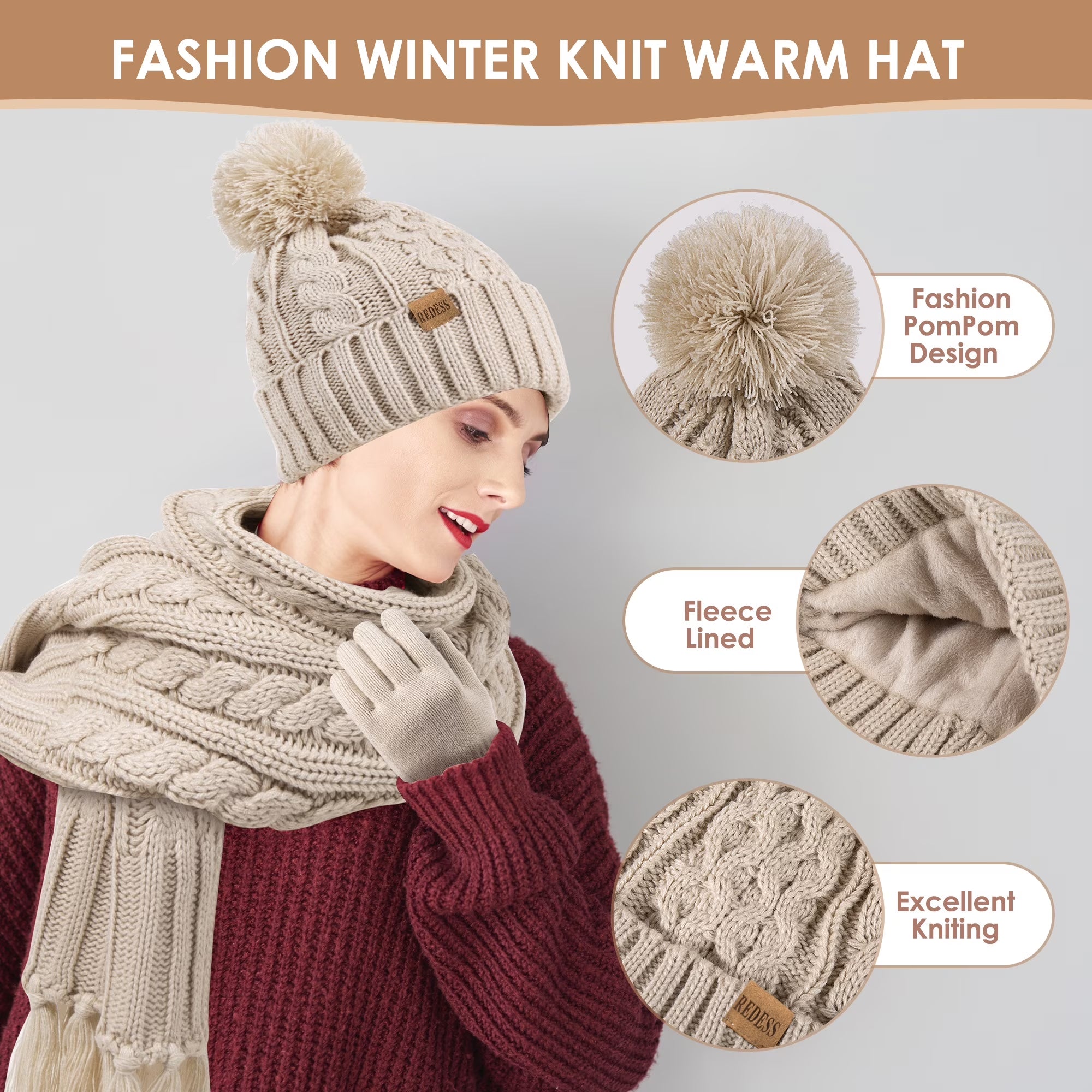 Women'S Winter Beanie, Scarf & Glove Combo