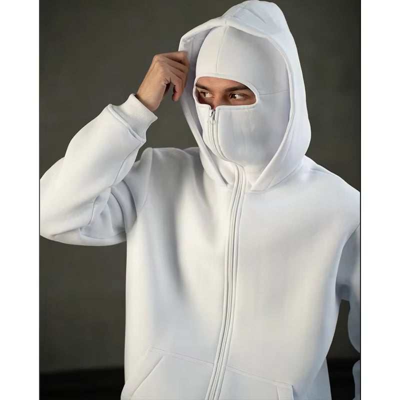 Men'S Double Hat Mask Zipper Winter Windproof Hoodie Jacket